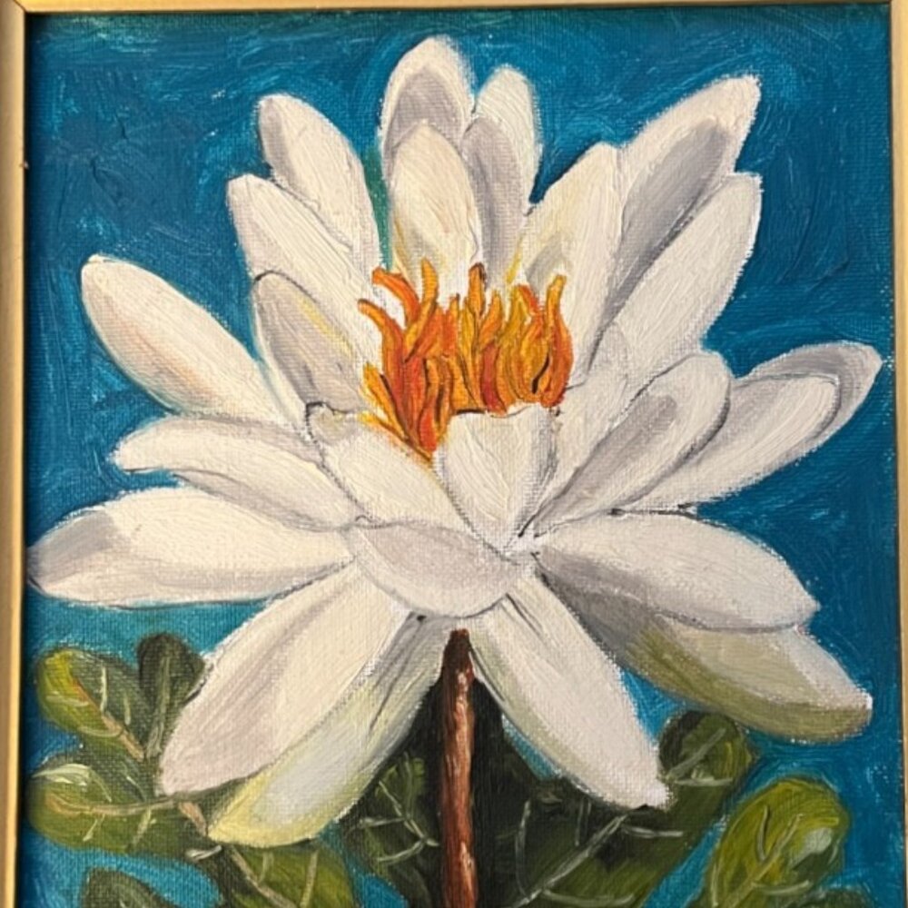 Vtg Framed Hand-Painted Water Lily Art on Canvas Panel, Signed & Dated, Acrylic - Picture 2 of 10